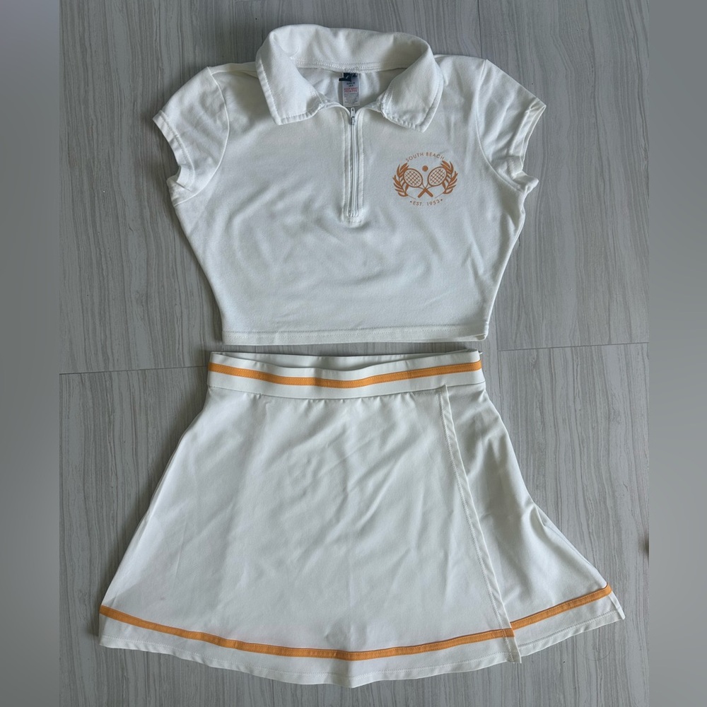 South Beach Tennis Cream Crop Top Skirt Set + underpants